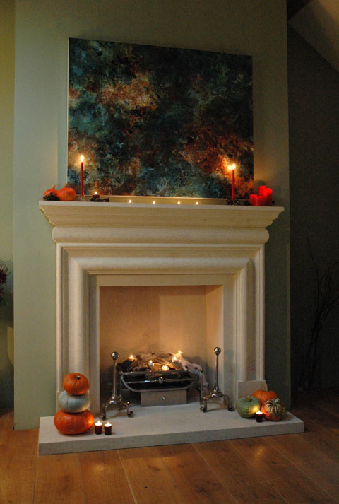 Our Bolection fireplace is ready for Halloween! Halloween-Fireplace